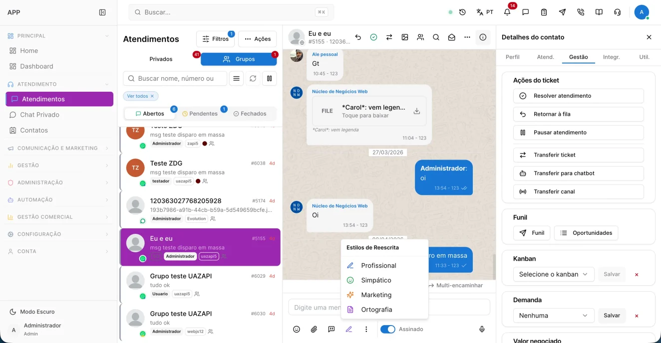 Interface do Meu App - Whatsapp — painel de atendimento